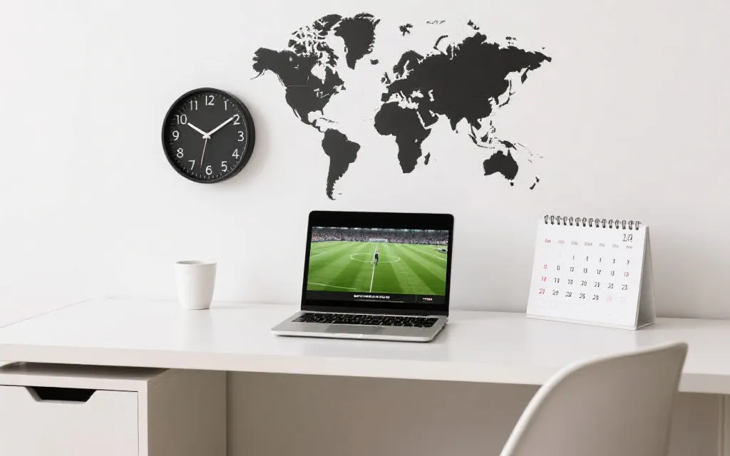 桌面上的世界时钟与日历计划，体现世界杯决赛时间换算与观赛规划